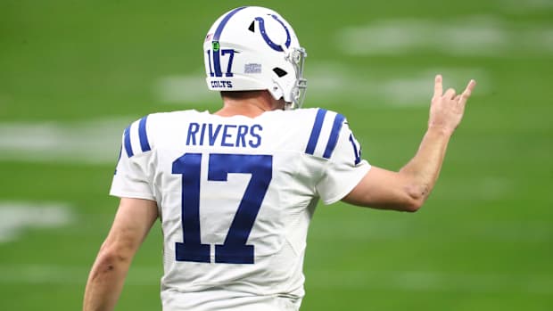 Indianapolis Colts quarterback Philip Rivers signals for a play during a road win at Las Vegas.